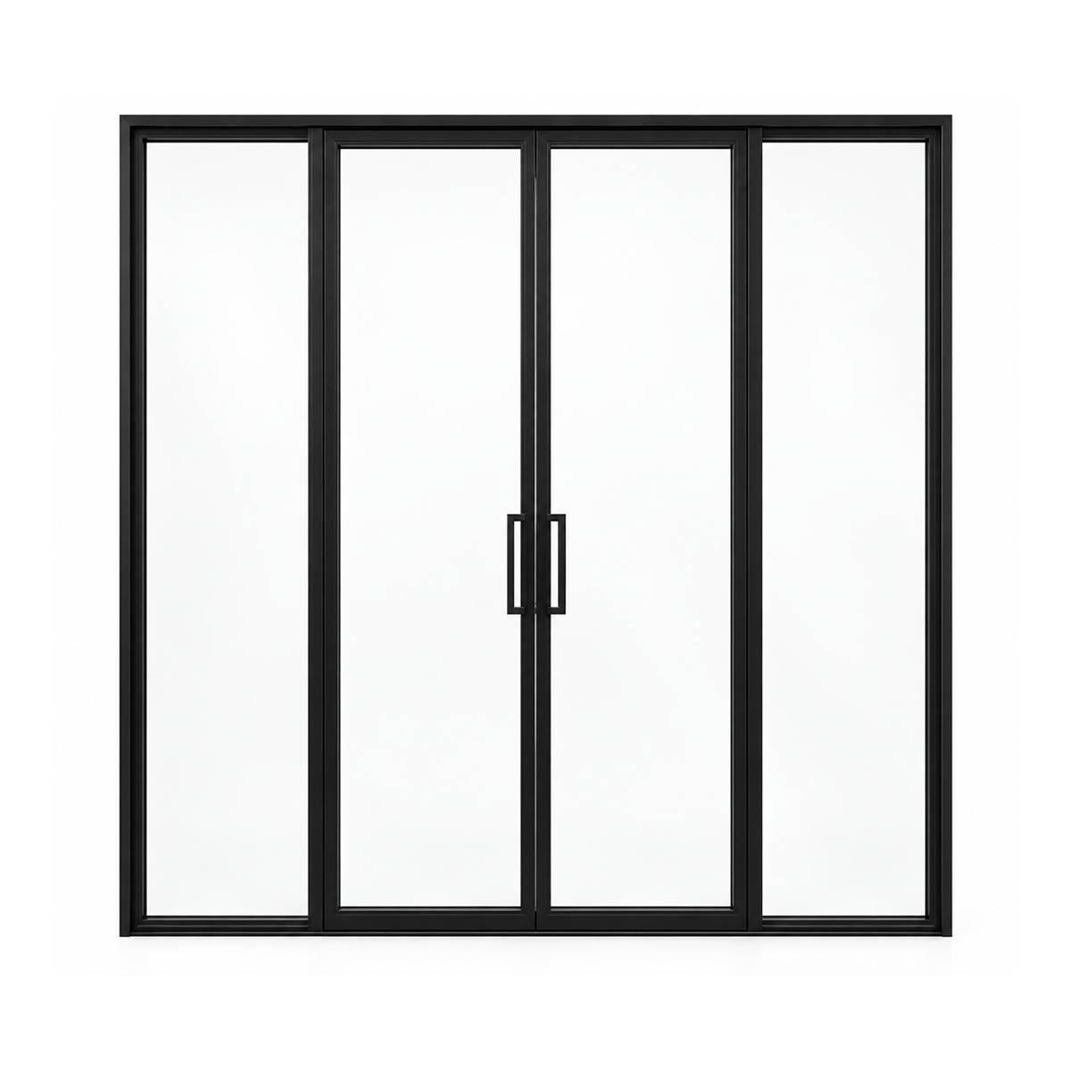 Front view of a modern double iron wine room door with full glass sidelites on a white background