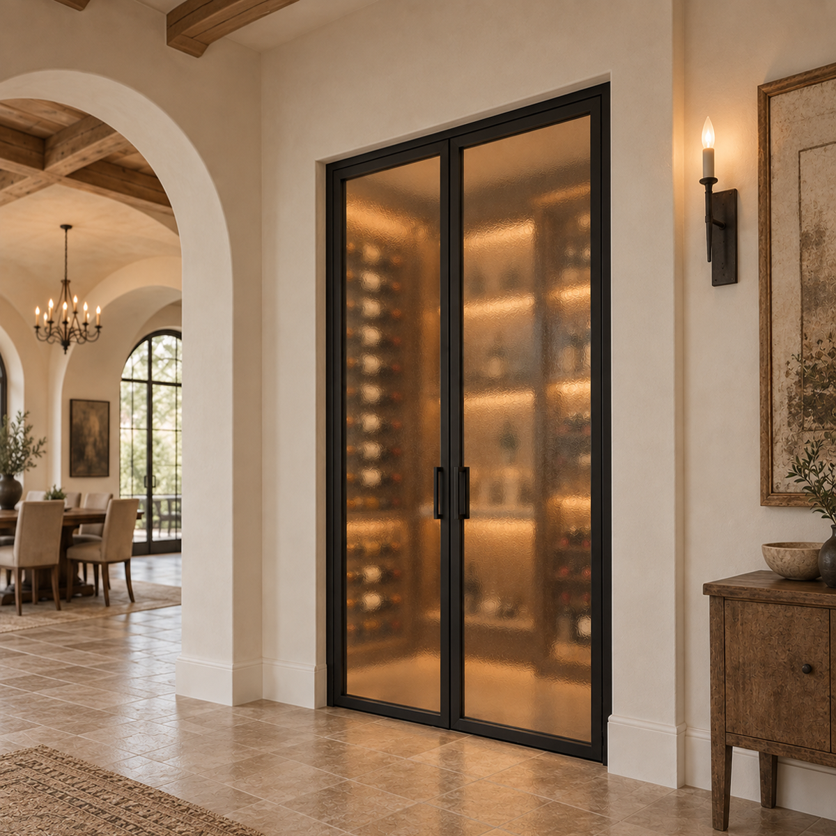 Angled view of modern double iron wine room doors with privacy glass in a refined residential interior