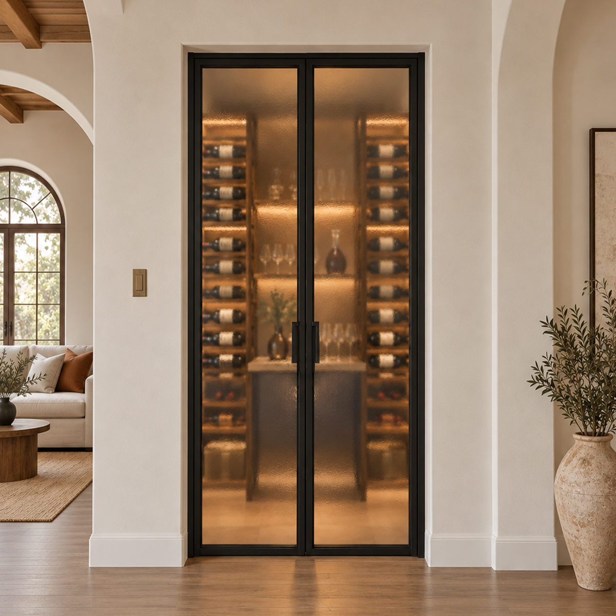 Modern double iron wine room doors with privacy glass in an elegant interior wine cellar setting