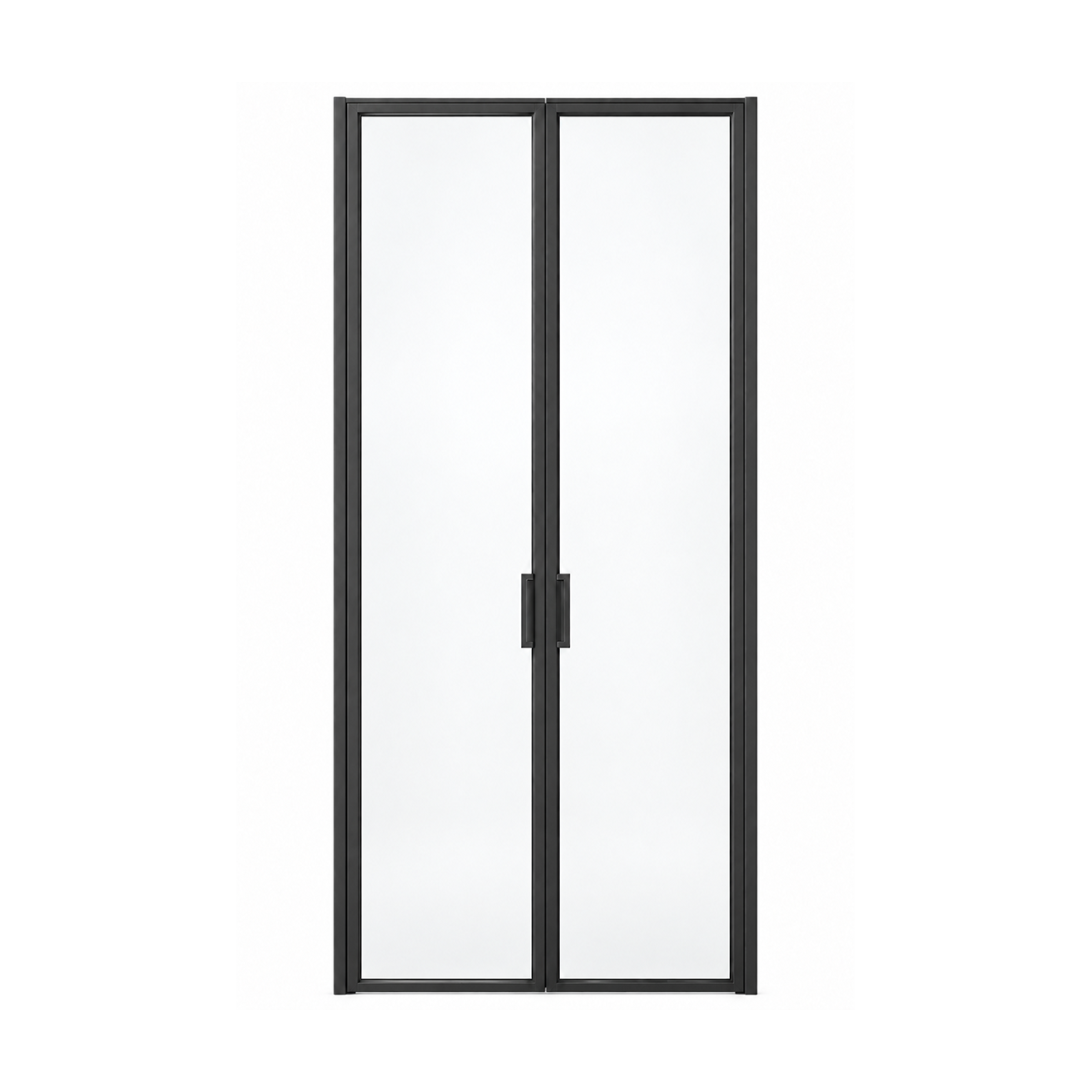 Front view of modern double iron wine room doors with privacy glass on a white background