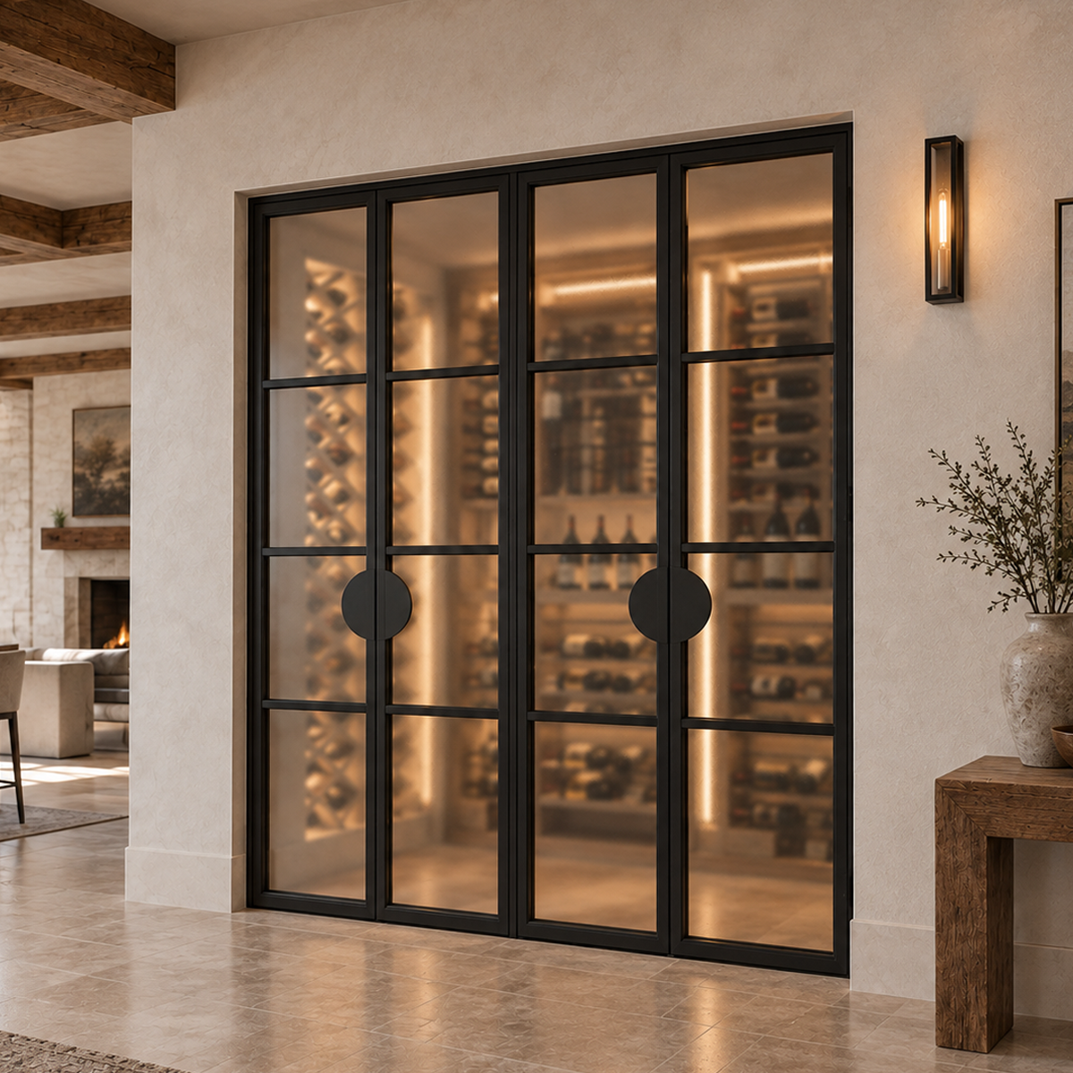 Angled room view of modern double iron wine room doors with sidelites in an upscale residential interior