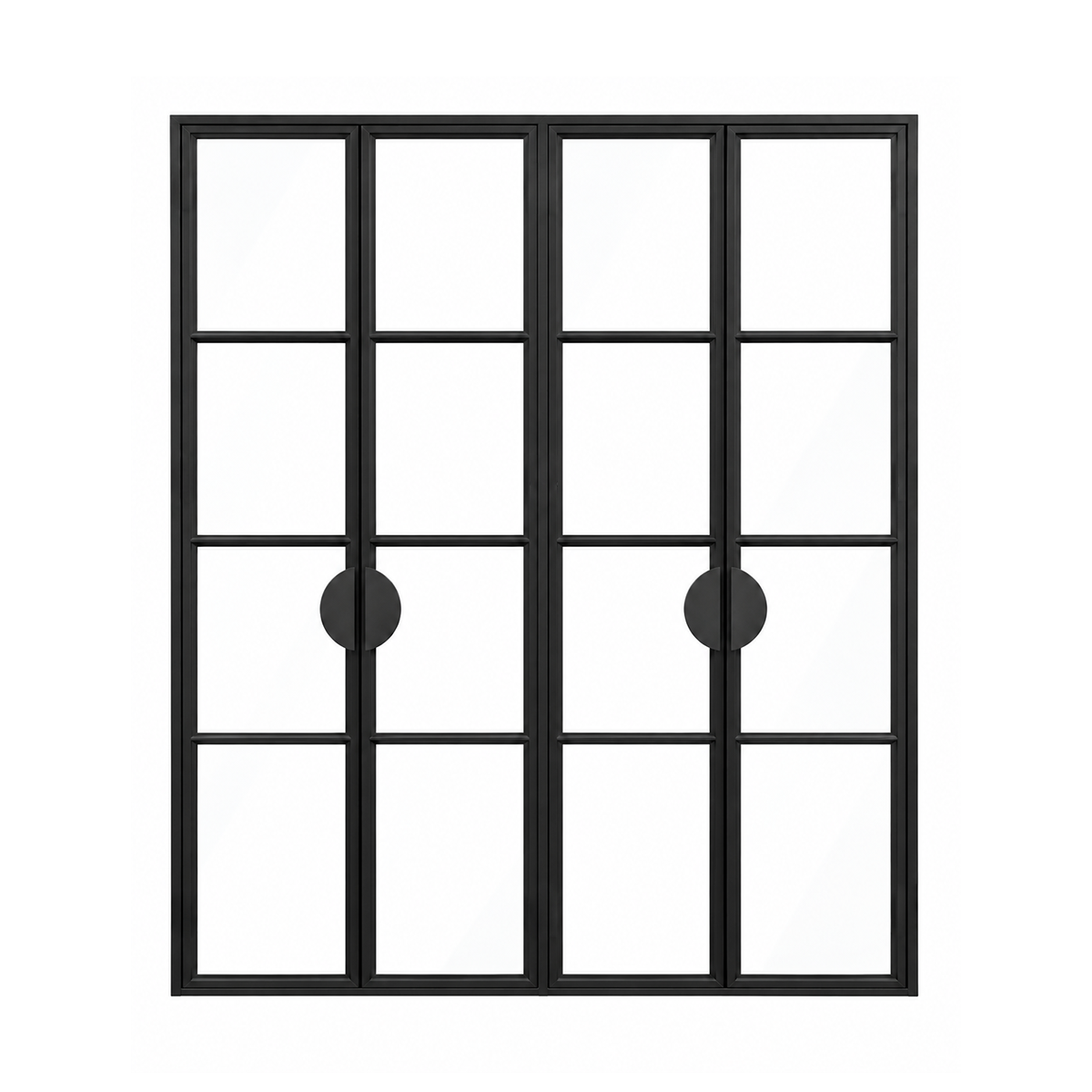 Front view of modern double iron wine room doors with sidelites on a white background