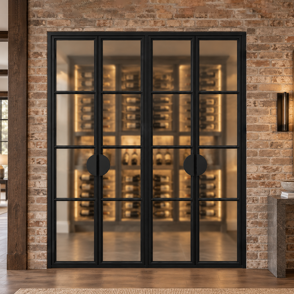 Modern double iron wine room doors with sidelites in a luxury interior wine cellar setting