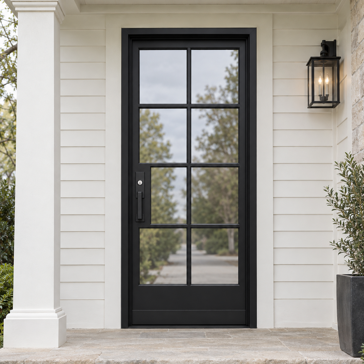Modern single iron French entry door with divided glass panels at a bright contemporary home entrance