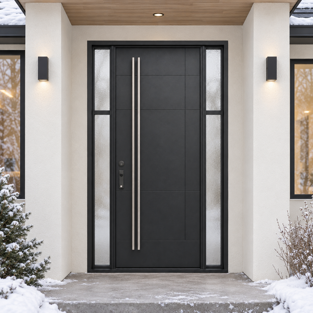 Modern single iron front door with textured glass sidelites installed at a contemporary snowy home entrance