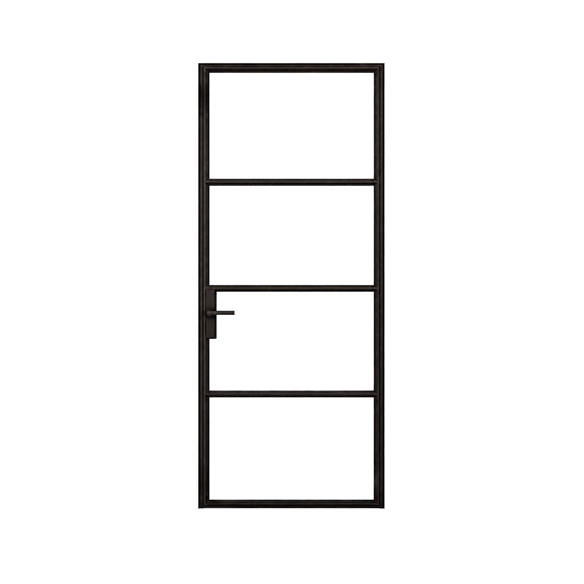 Modern single black iron wine room door with four glass panels on a white background