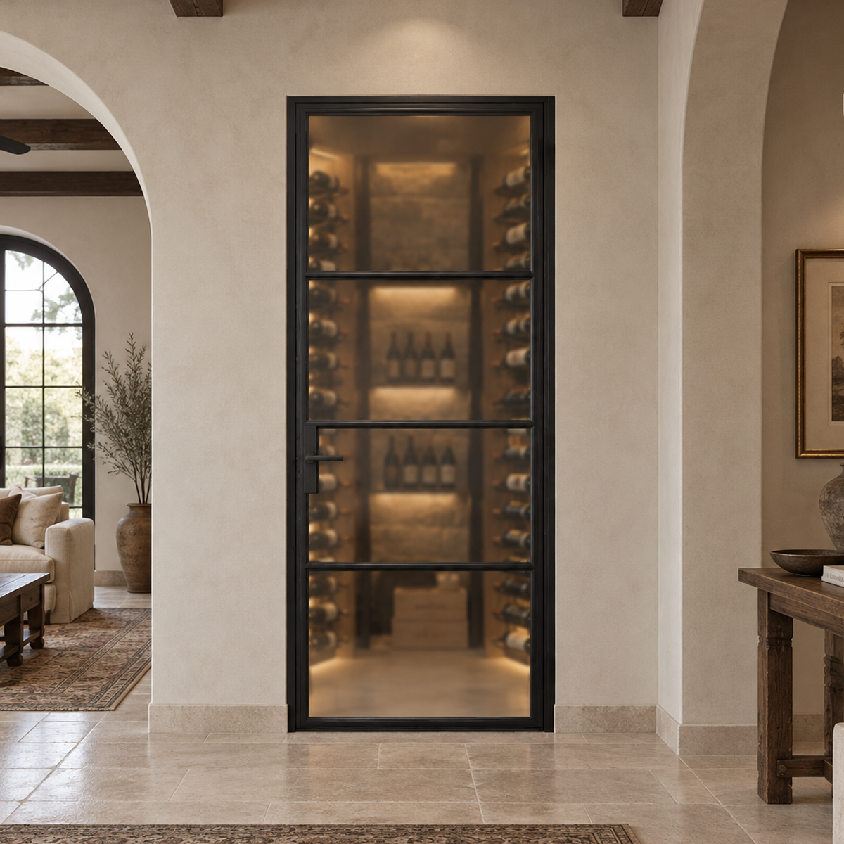 Modern single black iron wine room door installed in a warmly lit residential wine cellar