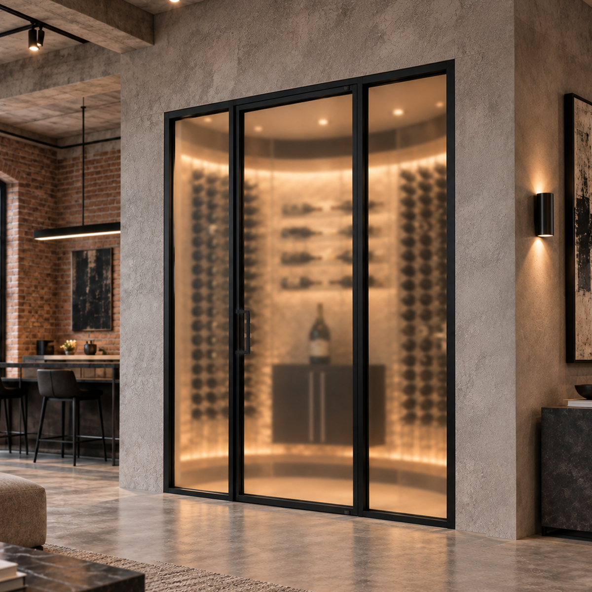 Angled installation view of a modern single iron wine room door with sidelites in a luxury residential interior