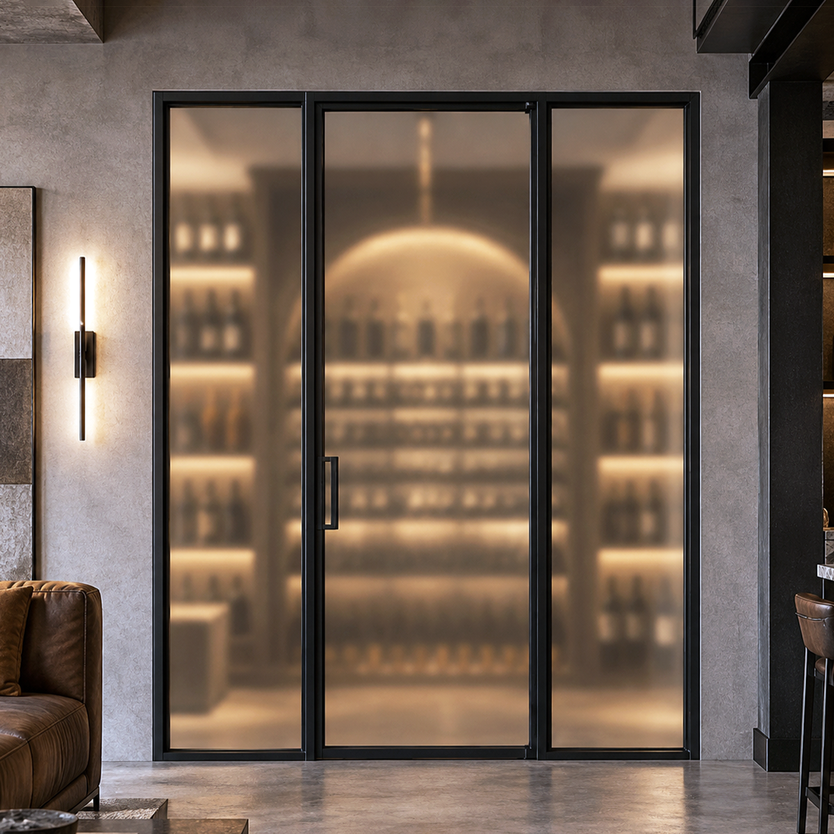 Modern single iron wine room door with sidelites in a contemporary interior wine cellar setting