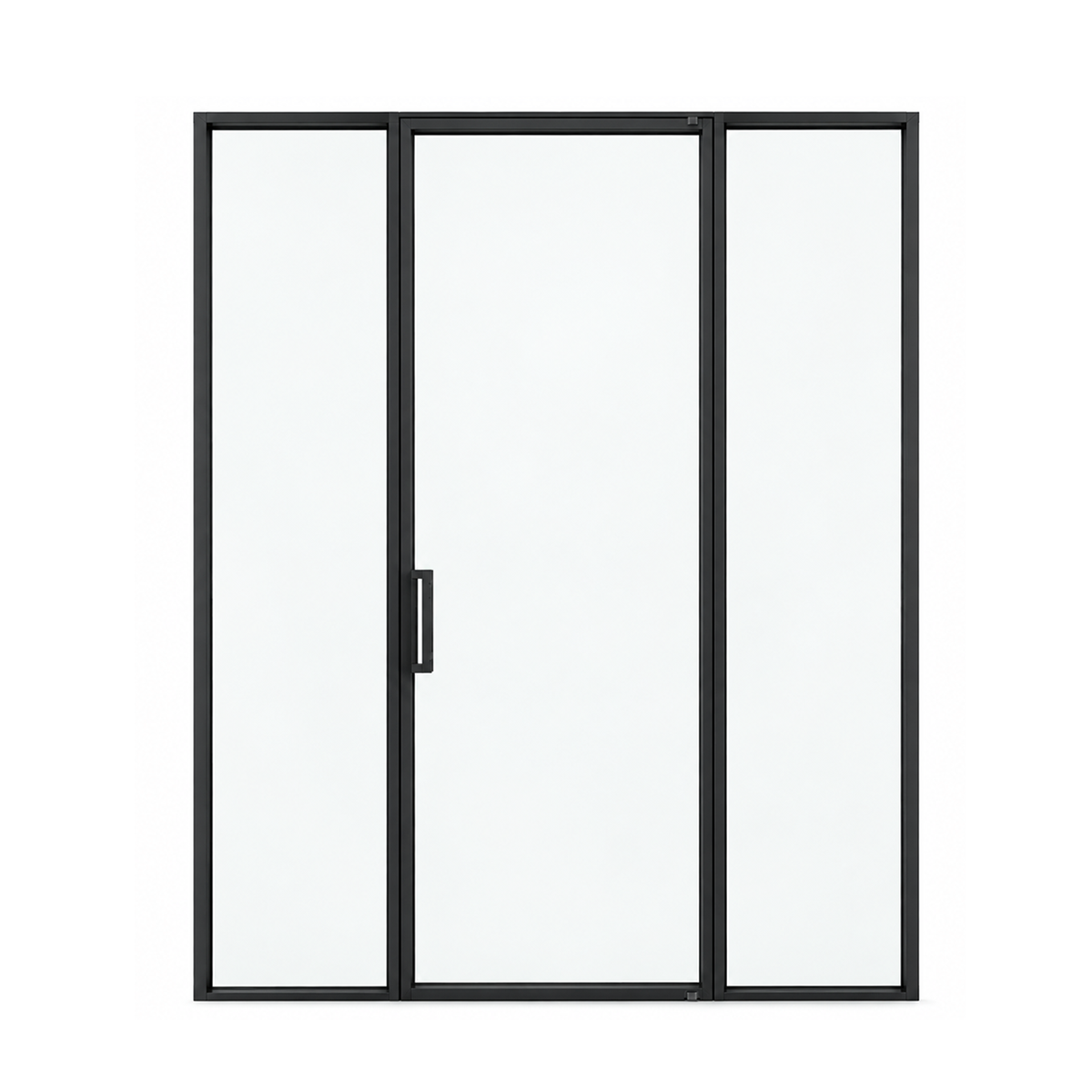 Front view of a modern single iron wine room door with sidelites on a white background