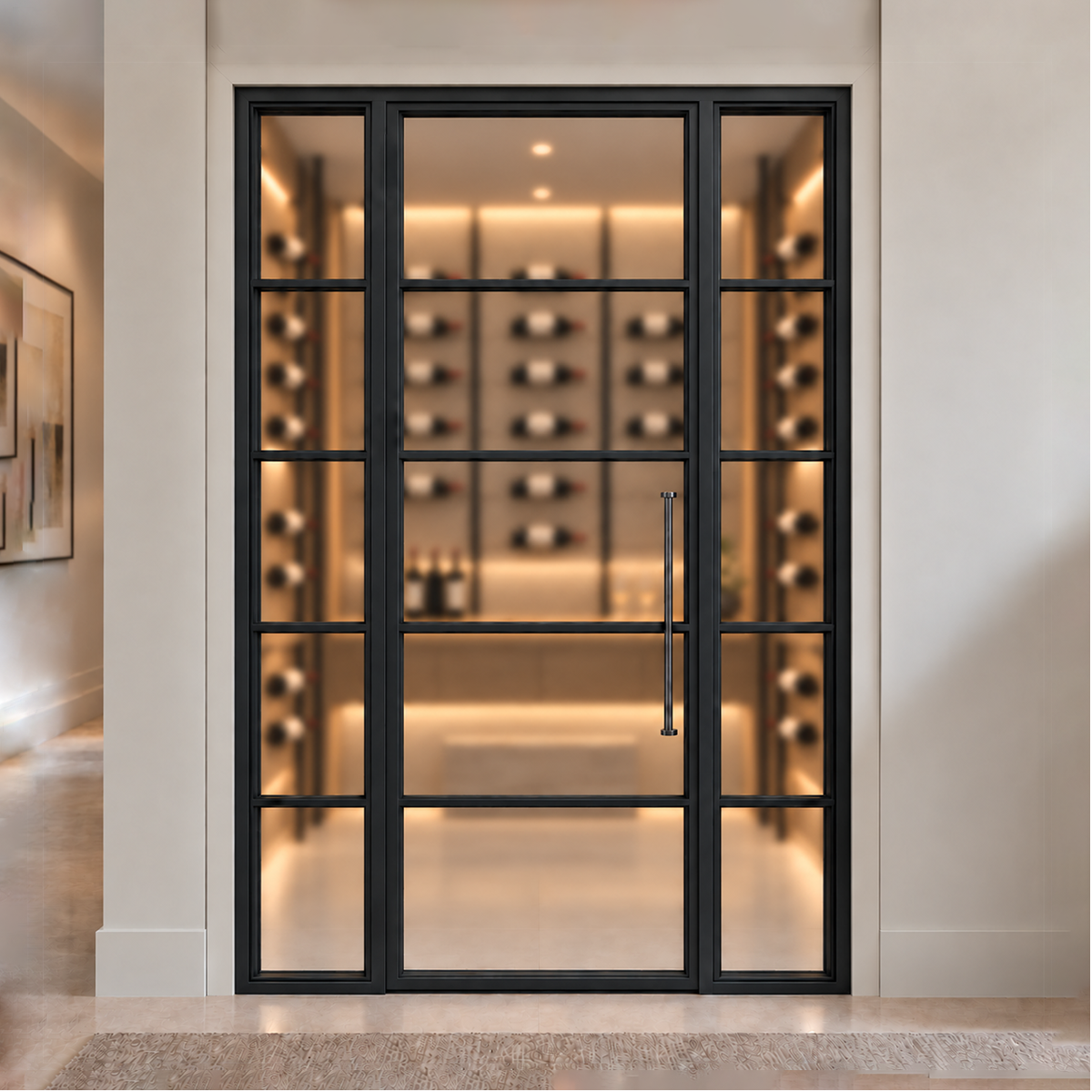 Modern single iron wine room door with sidelites in a luxury interior wine cellar setting
