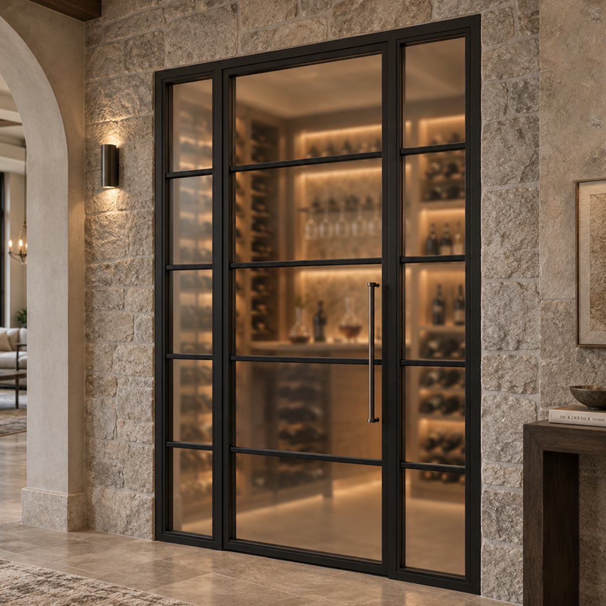Angled view of a modern single iron wine room door with sidelites installed in a stone wine room entrance