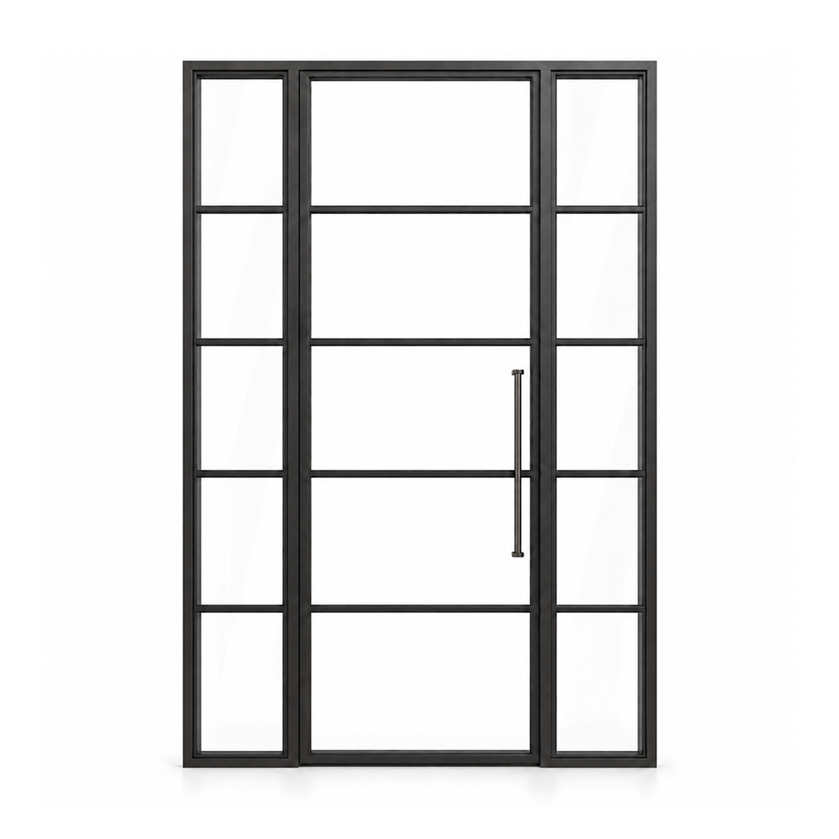 Front view of a modern single iron wine room door with sidelites on a white background