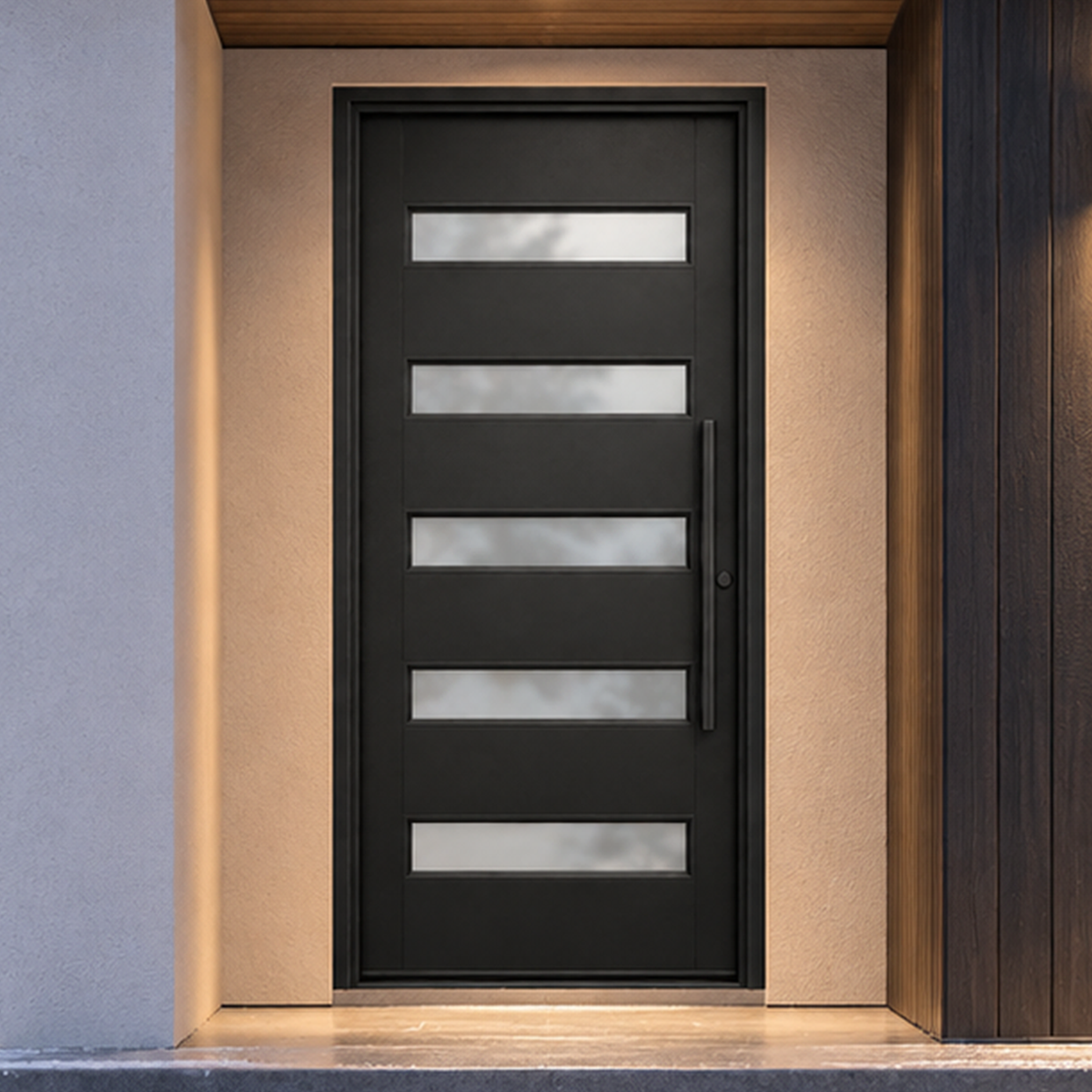 Modern black iron entry door with horizontal glass panels in a contemporary home entrance