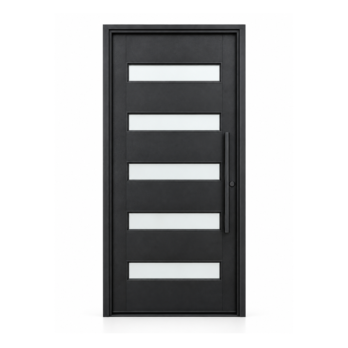Modern black iron entry door with five horizontal glass panels, front product view