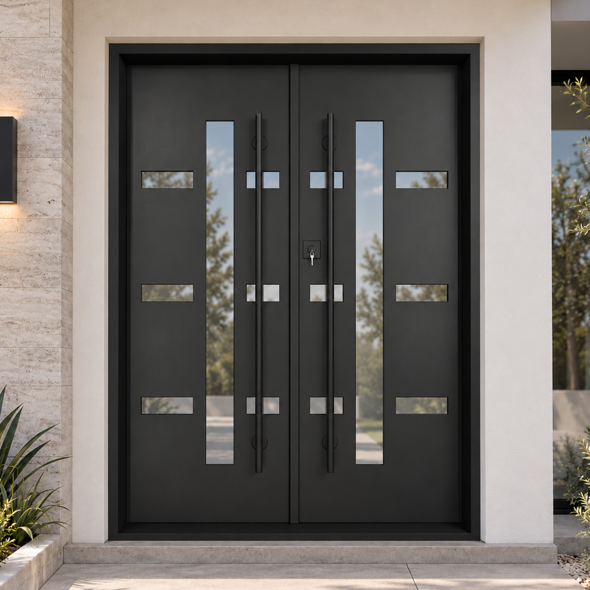 Modern double iron entry door with vertical glass openings and rectangular accents at a contemporary American home entrance