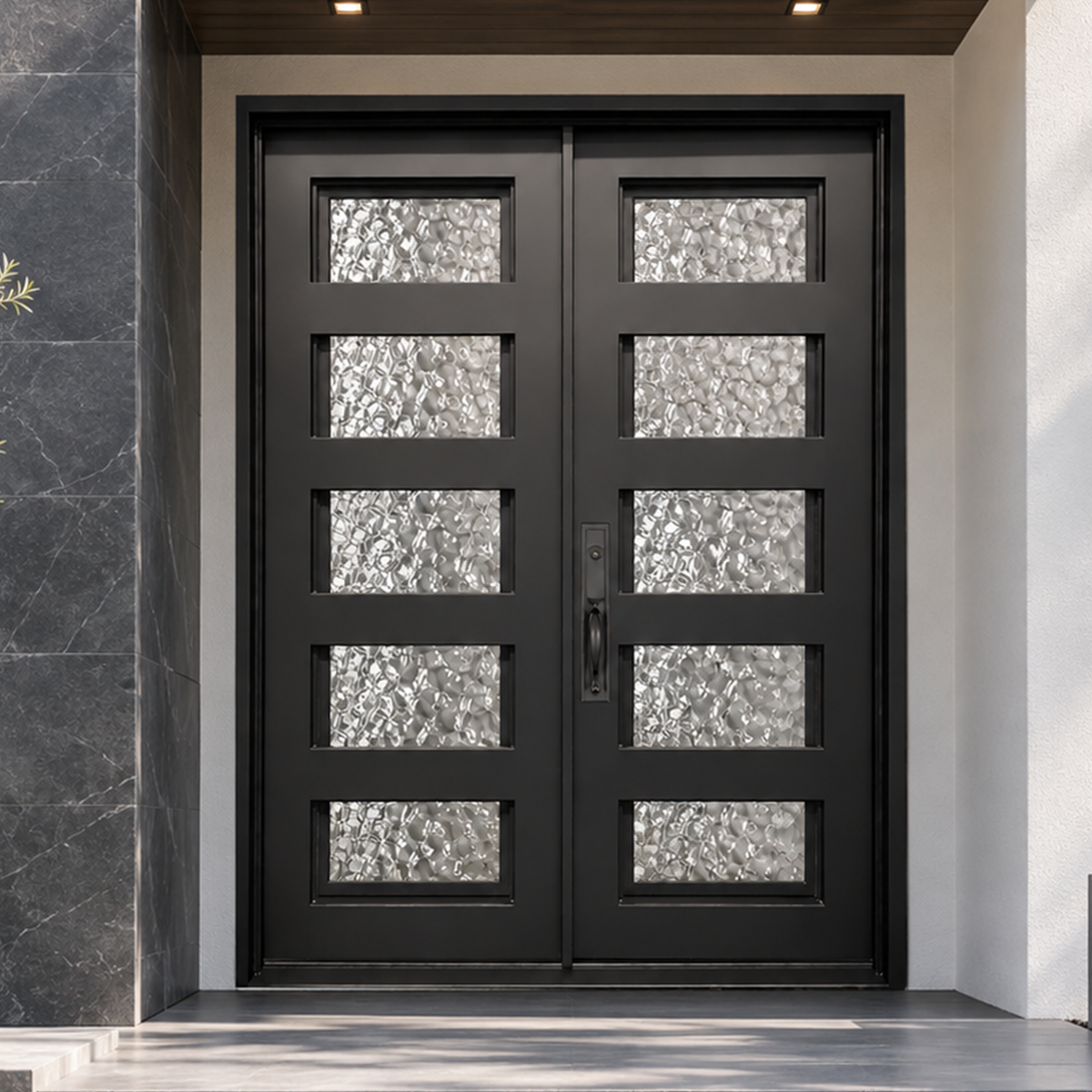 Modern double iron entry door with black metal frame and geometric textured glass panels on white background