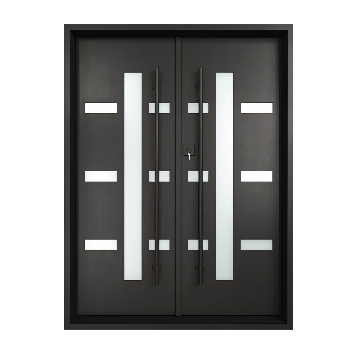 Modern double iron entry door with vertical glass openings, rectangular accents and long black pull handles on white background