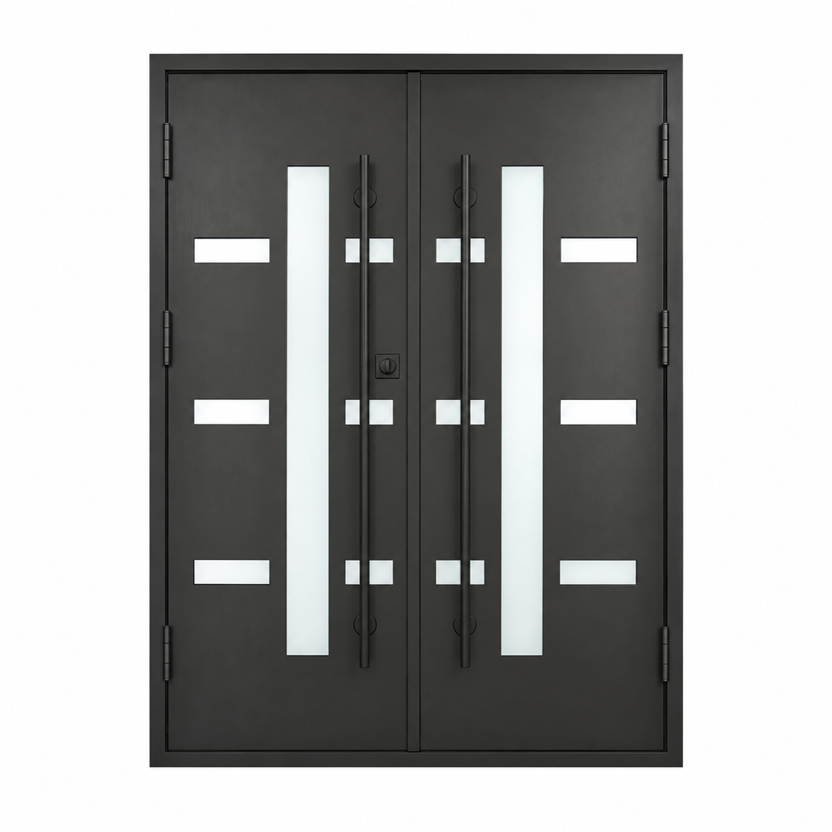Rear view of a modern double iron entry door with vertical glass openings, rectangular accents and long black pull handles