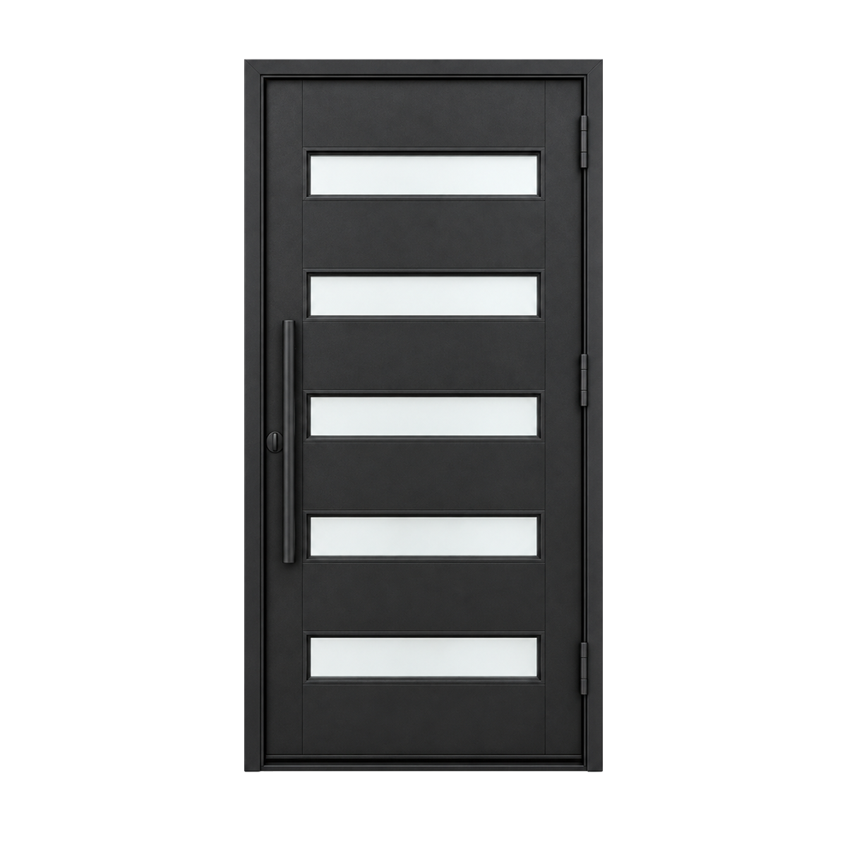 Interior back view of a modern black iron entry door with five horizontal glass panels