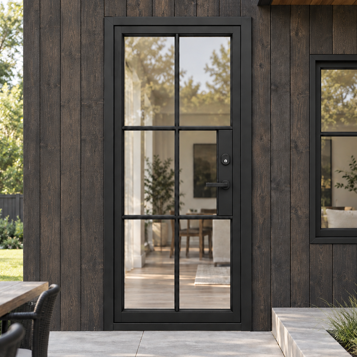 Modern single iron French door with black frame and divided glass panels installed at an American home exterior