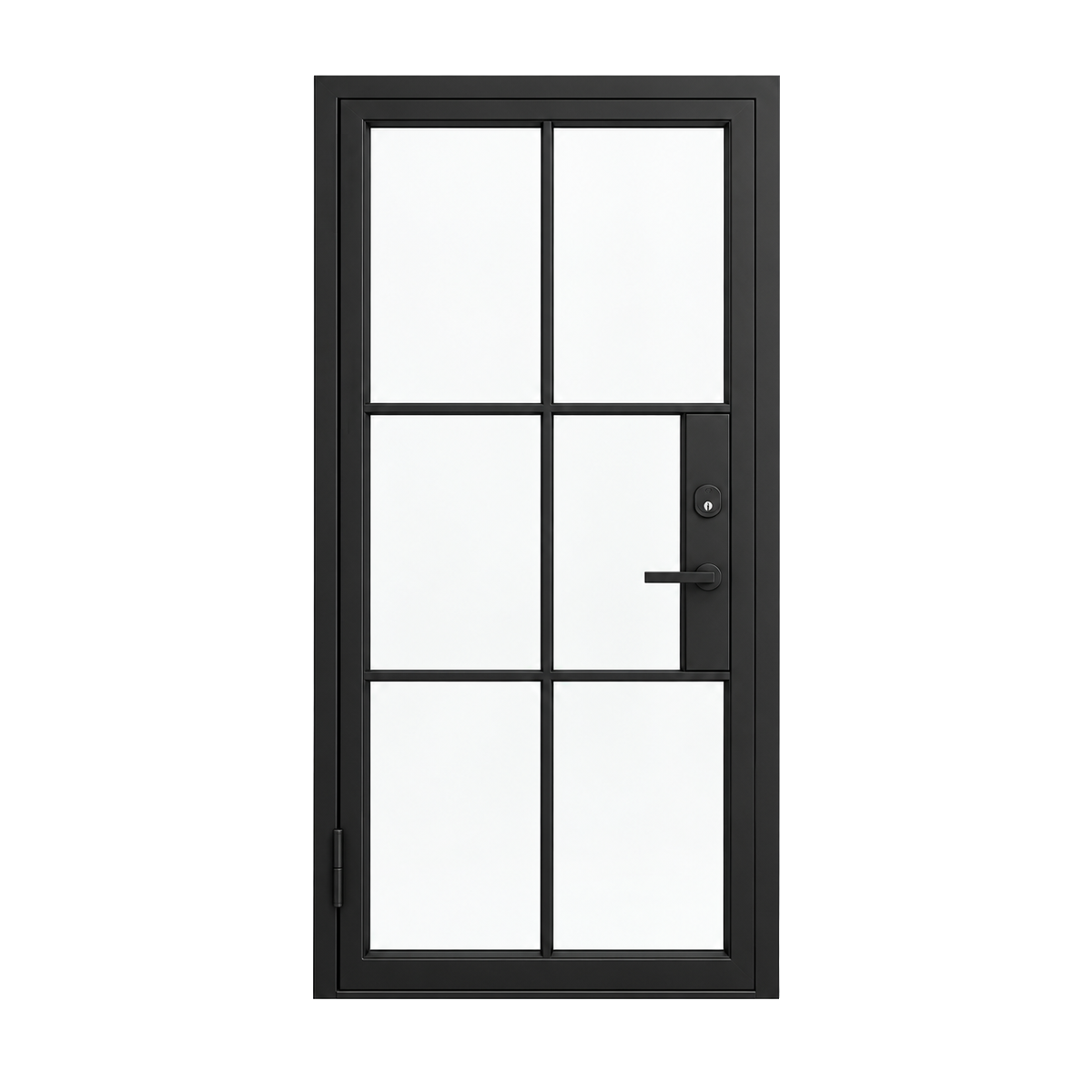 Front view of a modern single iron French door with black frame and divided glass panels on white background