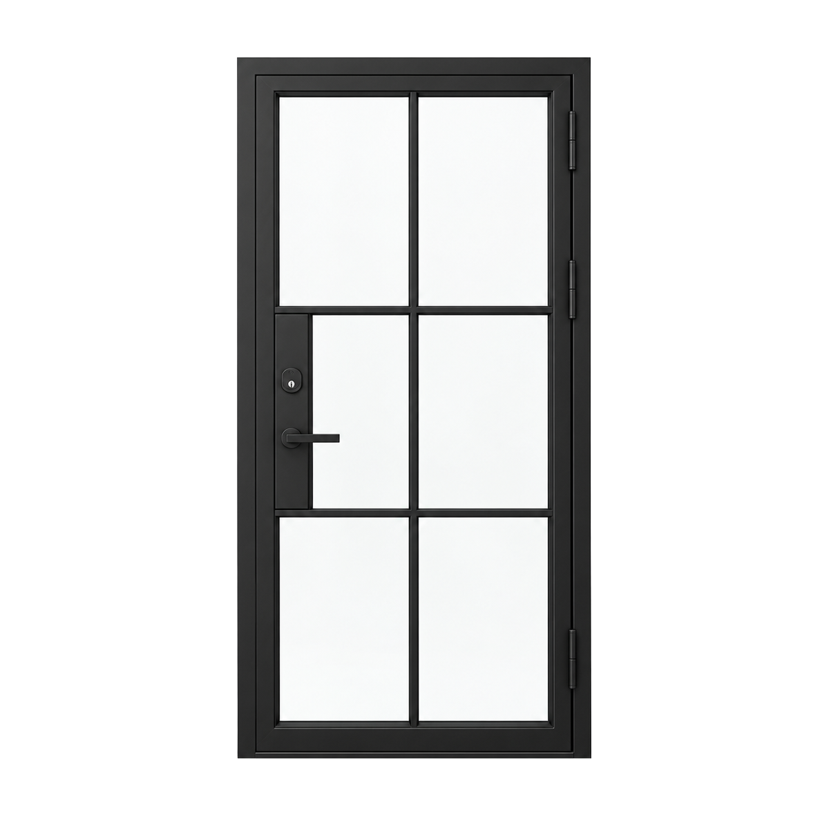 Rear view of a modern single iron French door with black frame and divided glass panels on white background