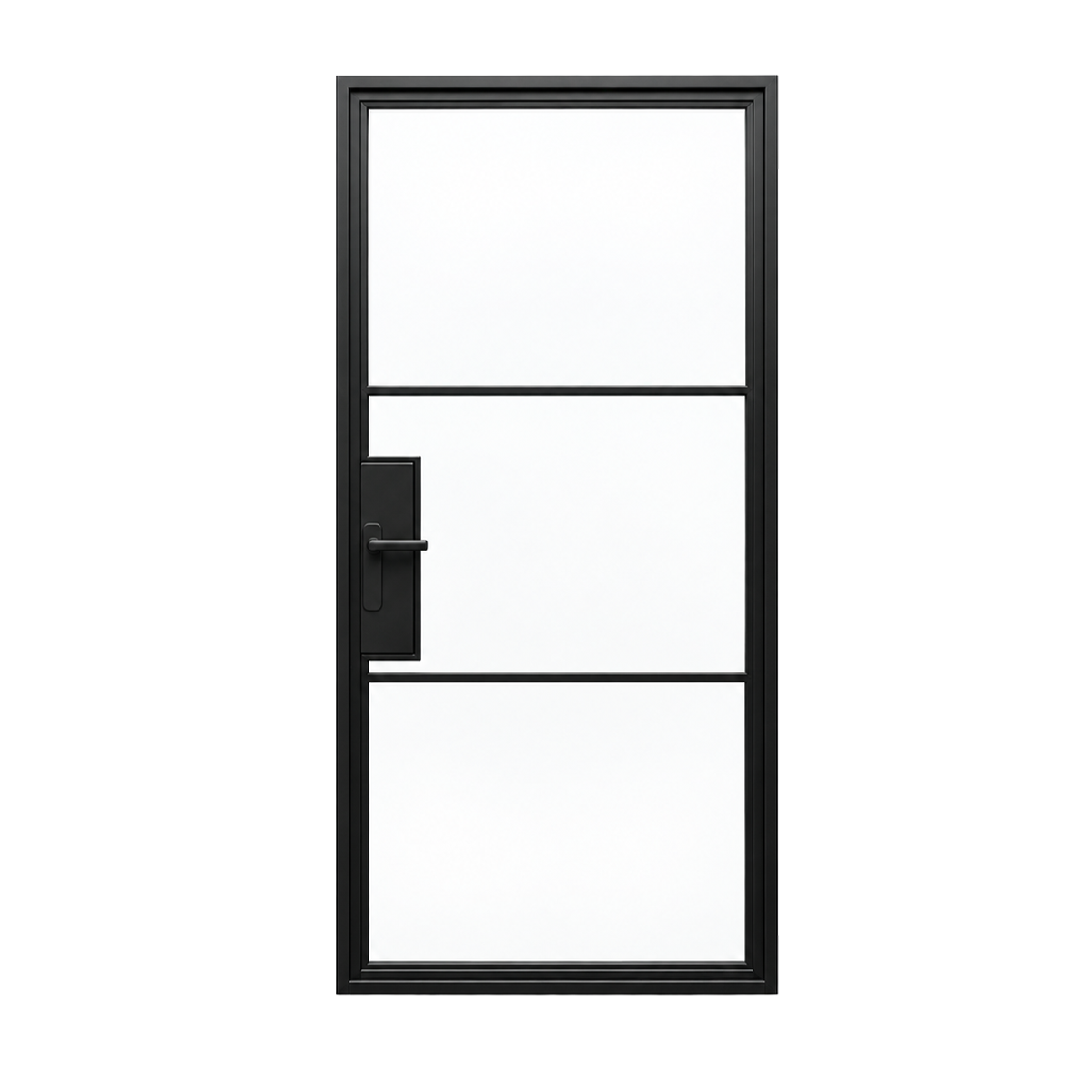 Front view of a modern single iron French door with slim black frame and three divided glass sections on white background