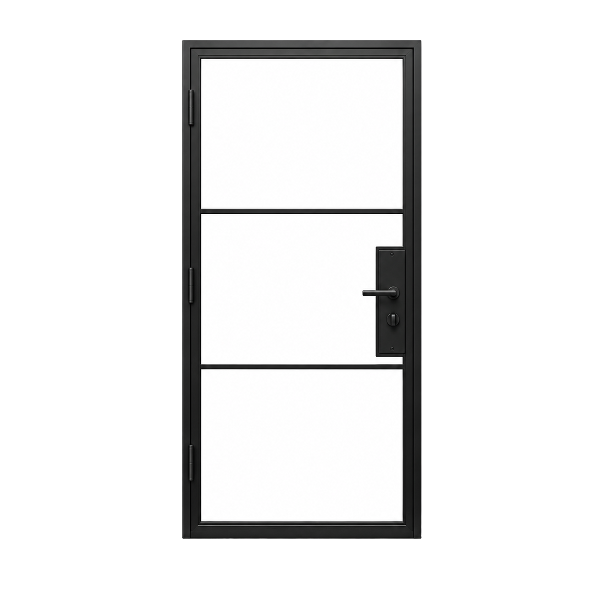 Rear view of a modern single iron French door with black metal frame, three glass sections and lever handle
