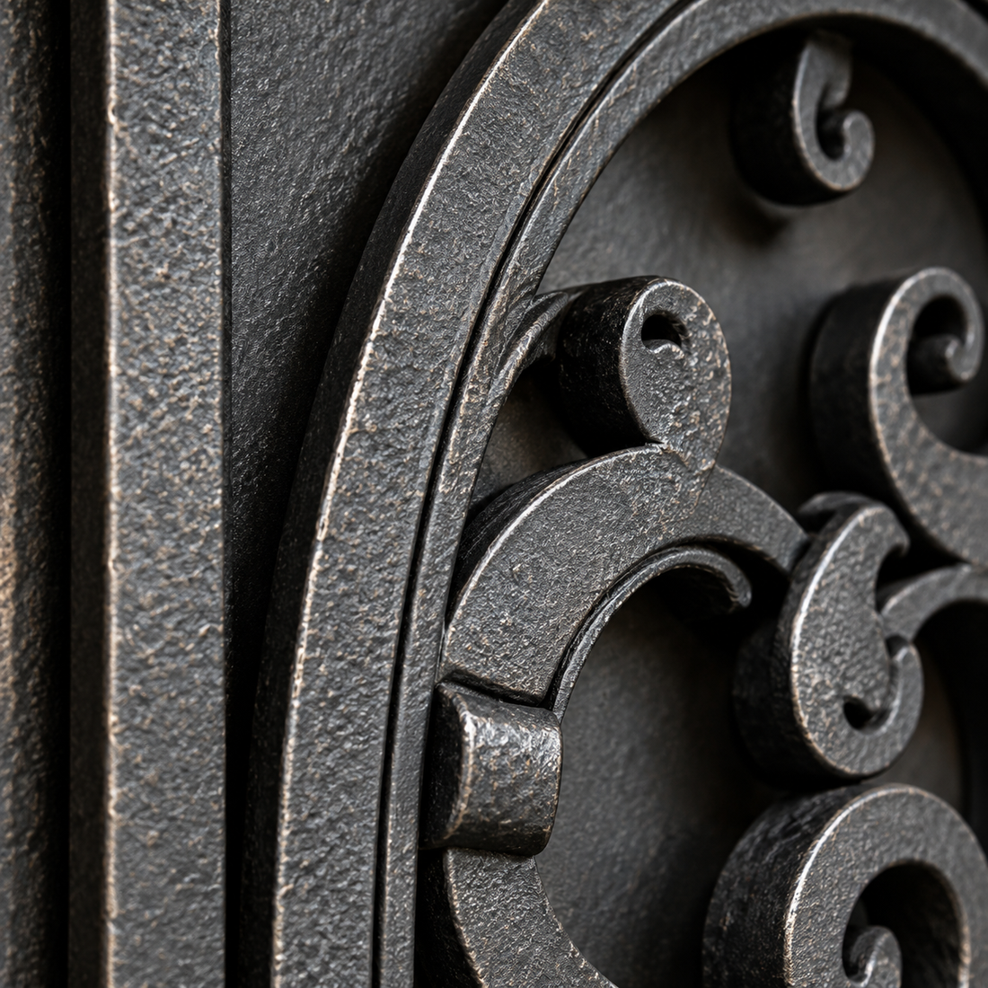 Close-up of black iron door scrollwork