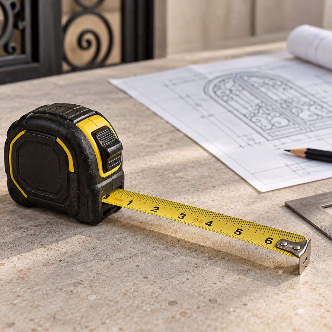 Tape measure and door plans on a workbench