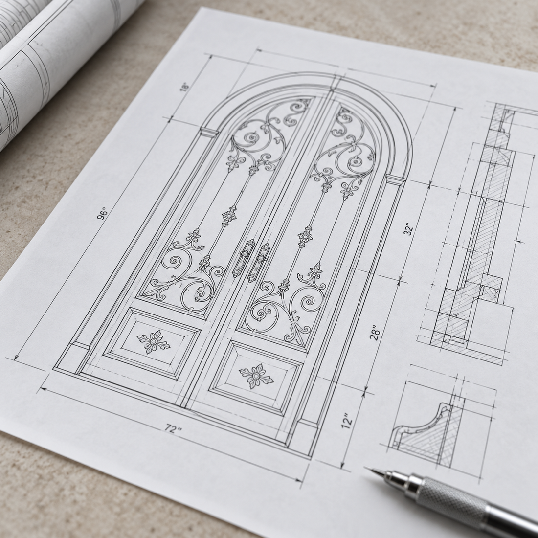 Dimensioned iron door technical drawing