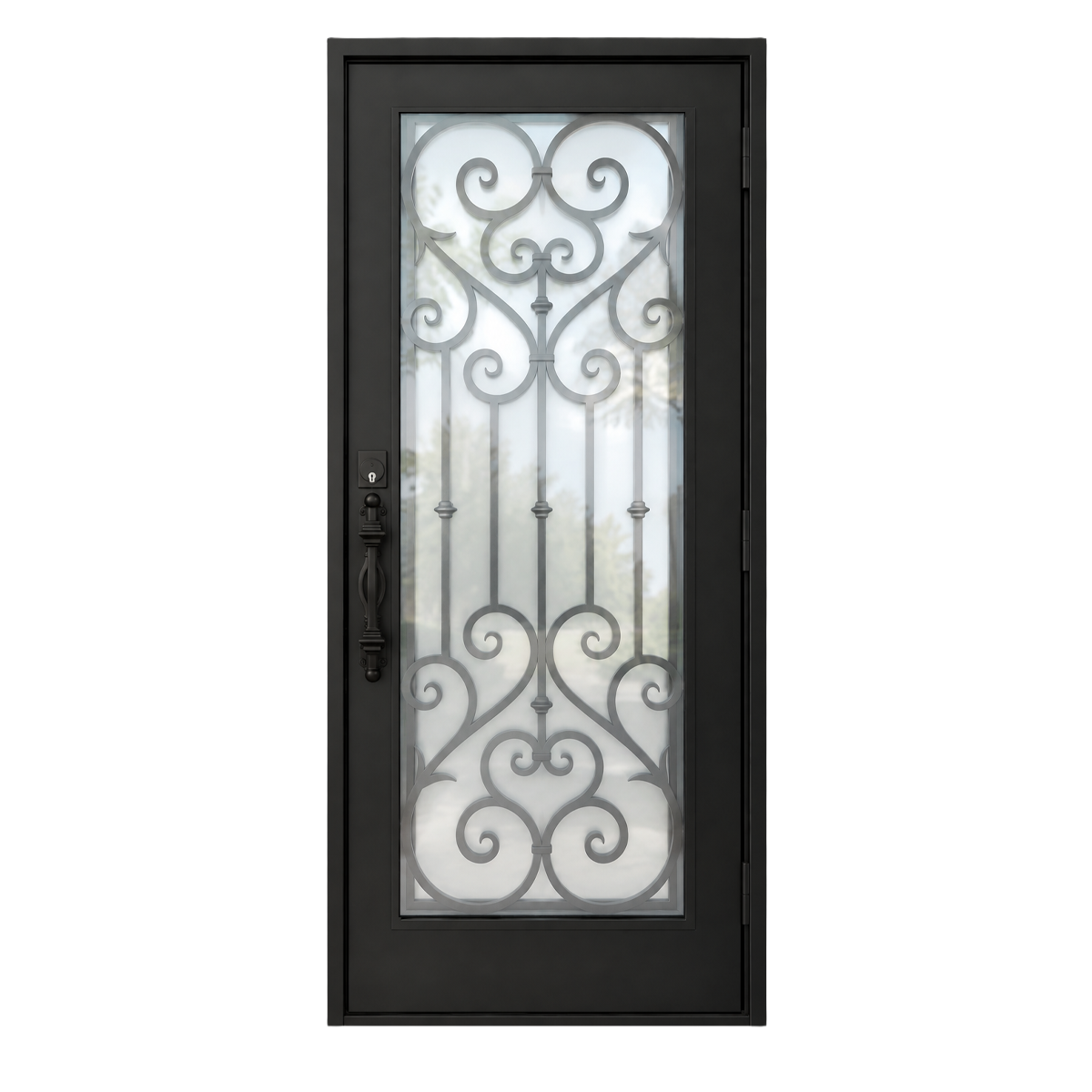 Rear view of a traditional black iron entry door with decorative scrollwork and narrow glass panel