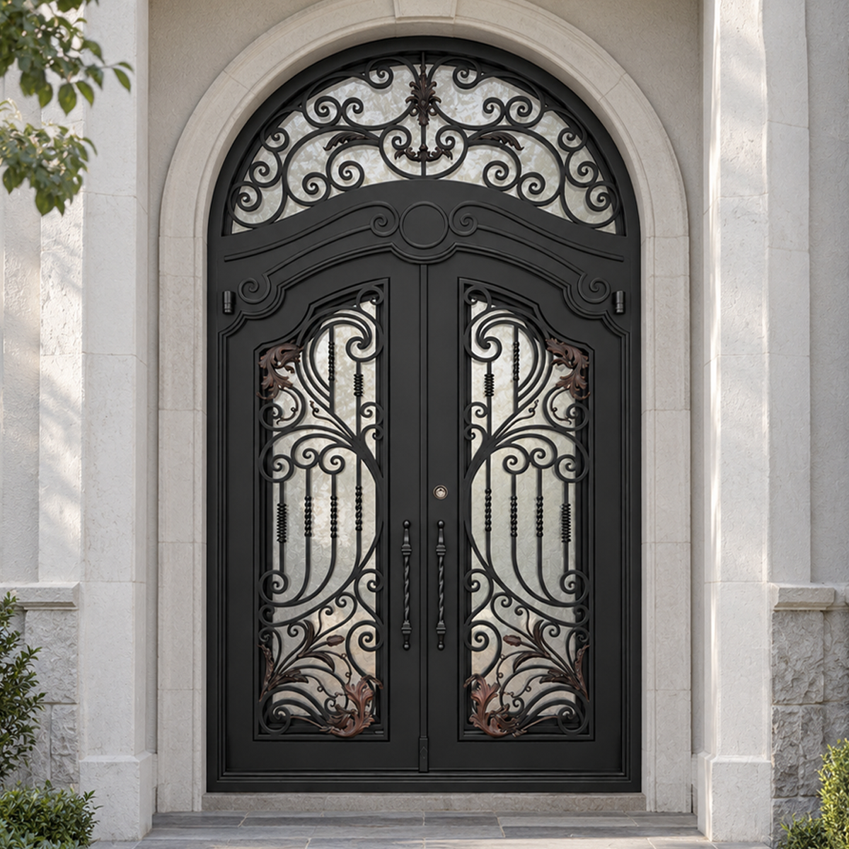 Ornamental double iron front door with arched transom installed at an upscale American stone residence