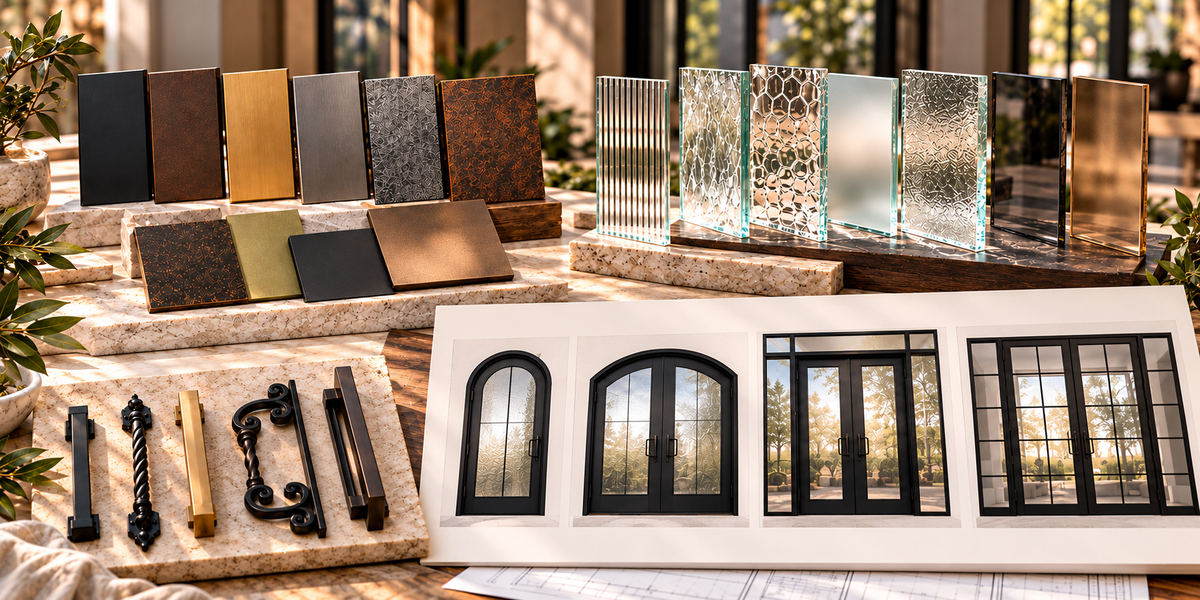 Iron door finish, glass, handle and configuration options