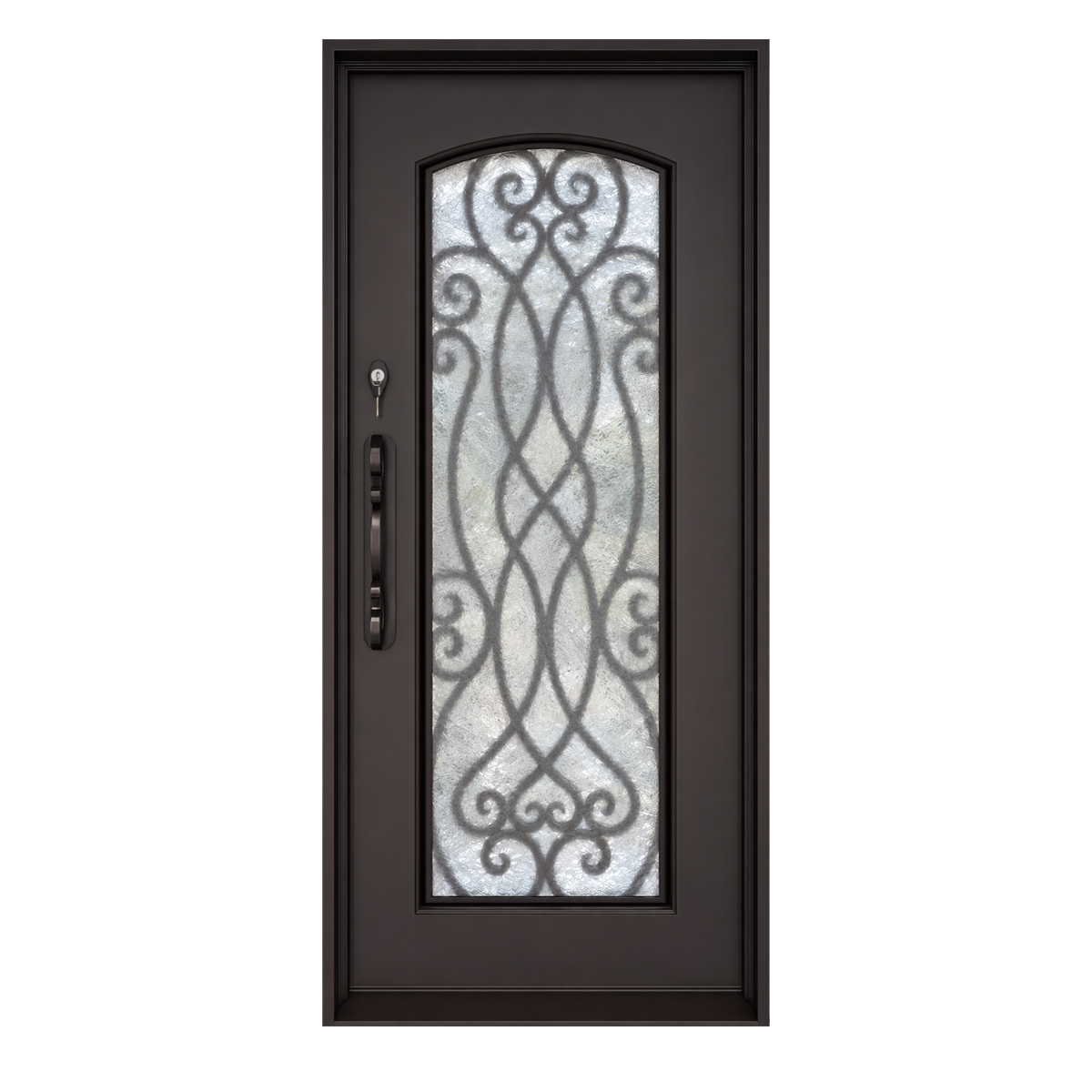 Rear view of a traditional black iron entry door with curved scroll lattice and narrow glass panel