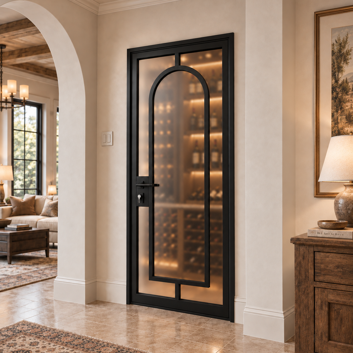 Angled view of a single arched iron wine room door installed in a refined residential interior