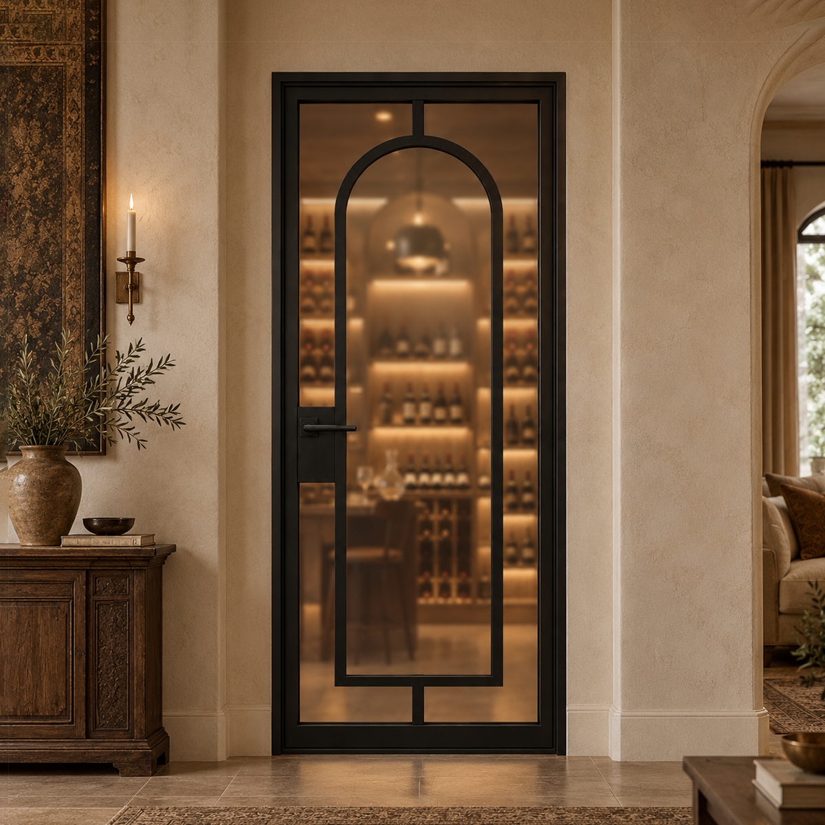 Single arched iron wine room door in an elegant interior wine cellar setting
