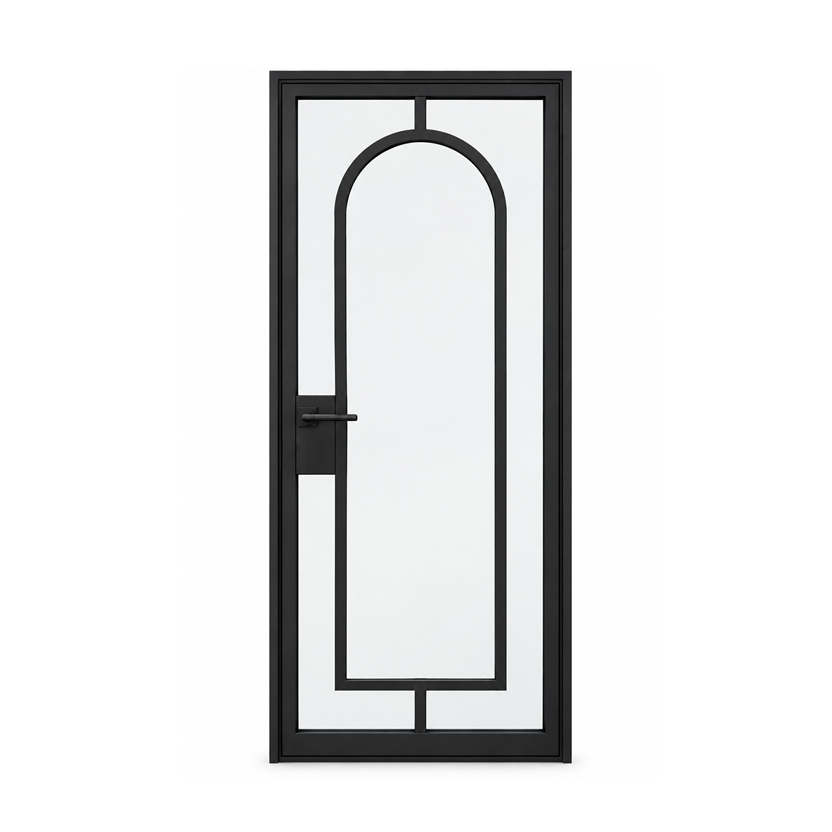 Front view of a single arched iron wine room door on a white background