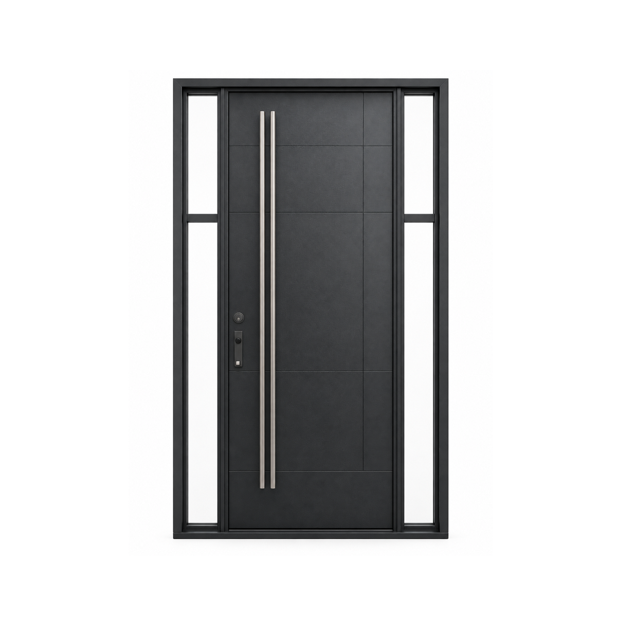 Front view of a black single iron entry door with textured glass sidelites and long metal pull handles on a white background
