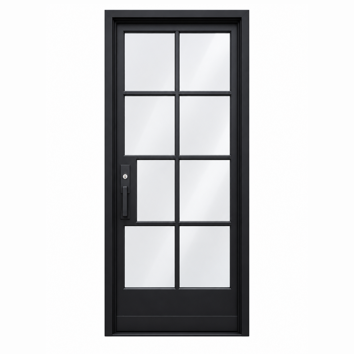 Front view of a single black iron French door with divided glass panels on a white background