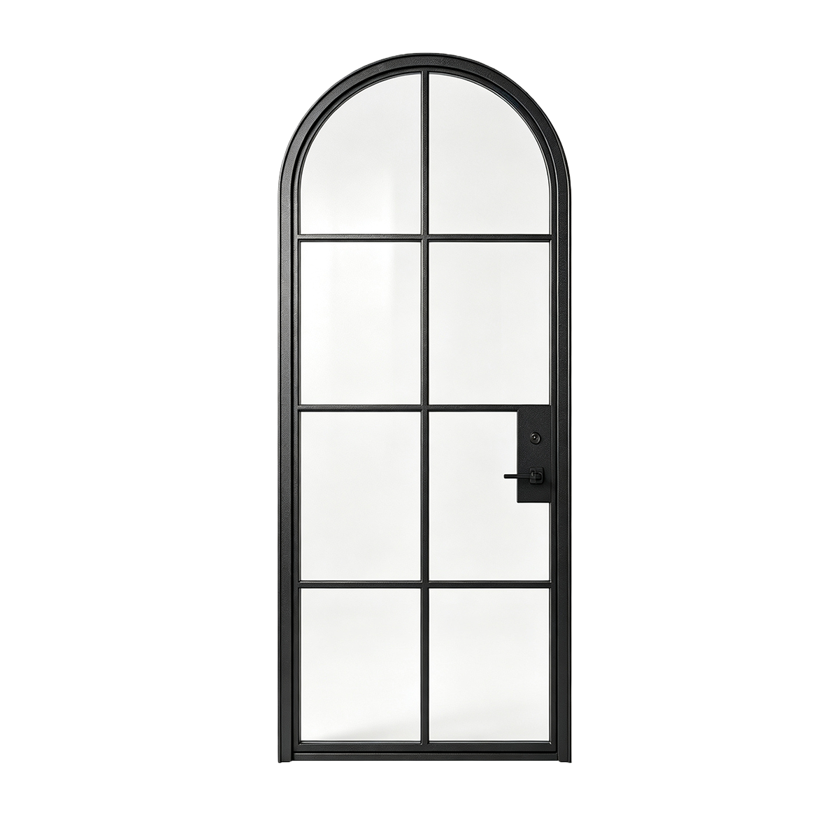 Single arched iron French door with slim black frame and divided glass lites on white background