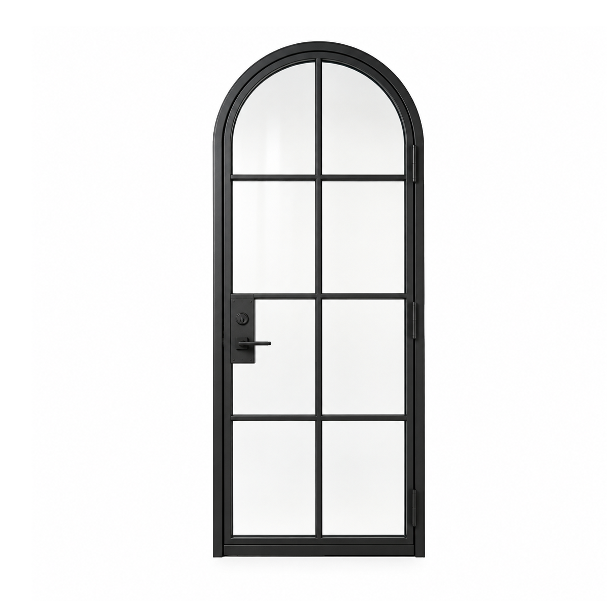Rear view of a single arched iron French door with black metal frame and symmetrical divided lites
