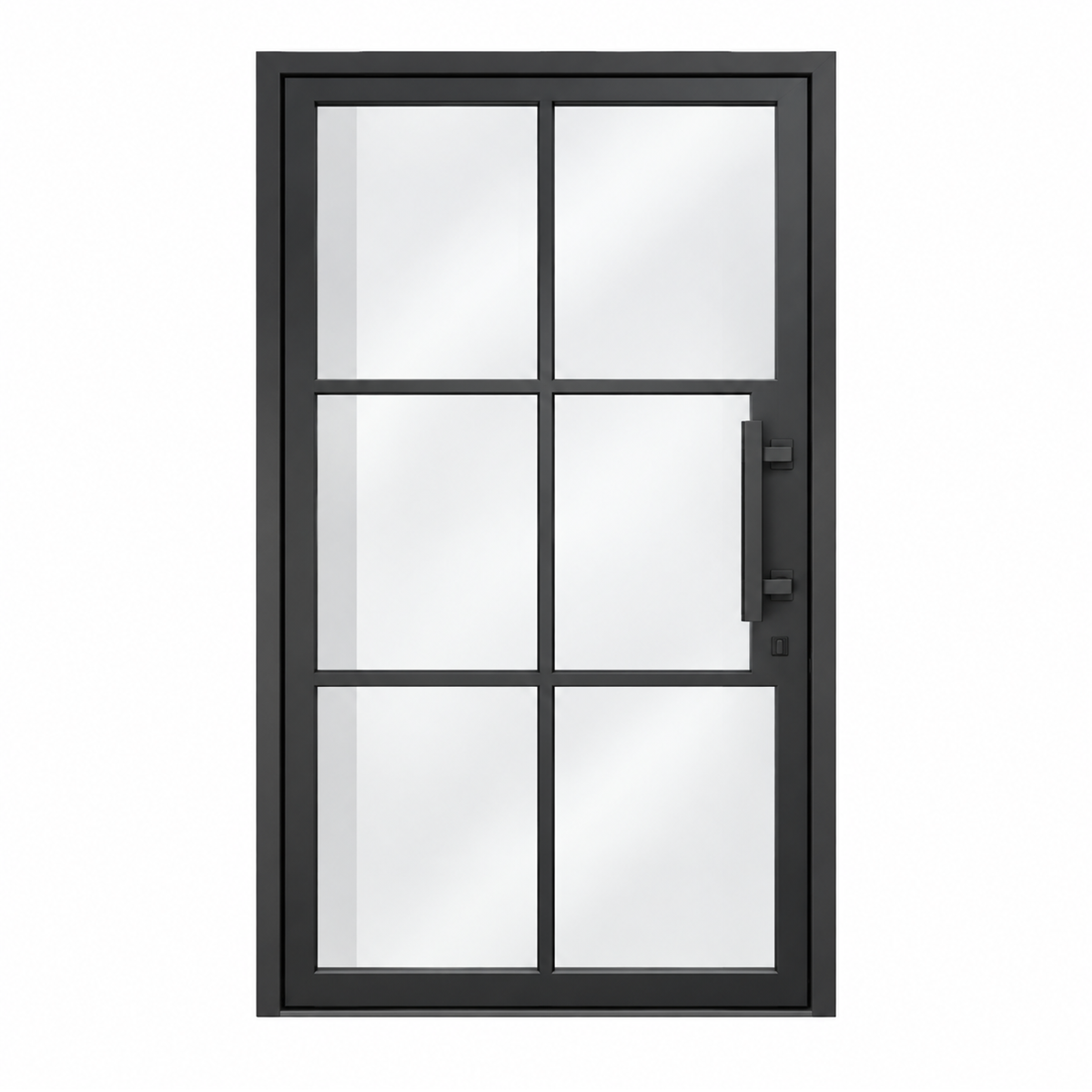 Front view of a black pivot iron door with six divided glass panels and a vertical pull handle