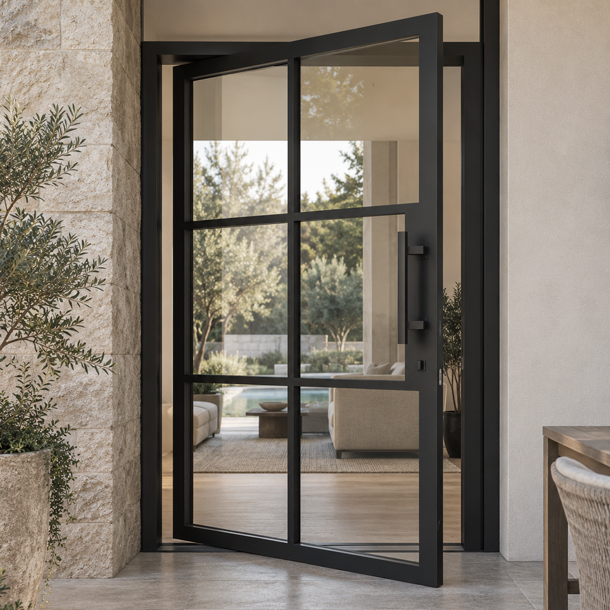 Black pivot iron door with six divided glass panels installed at a residential entrance