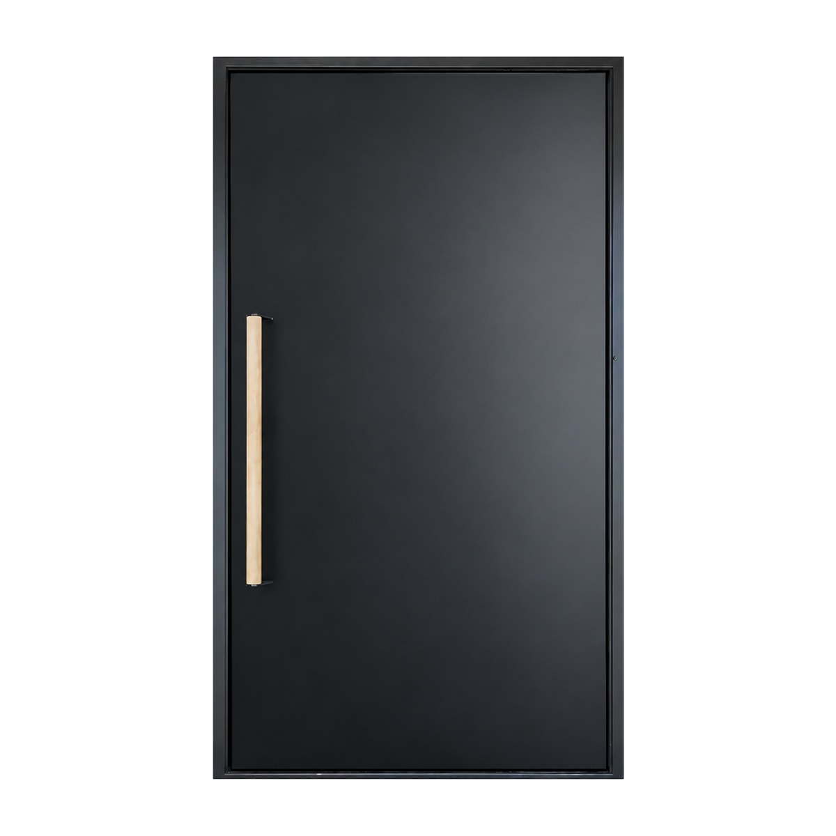 Closed front view of a solid matte black pivot door with a slim vertical pull handle