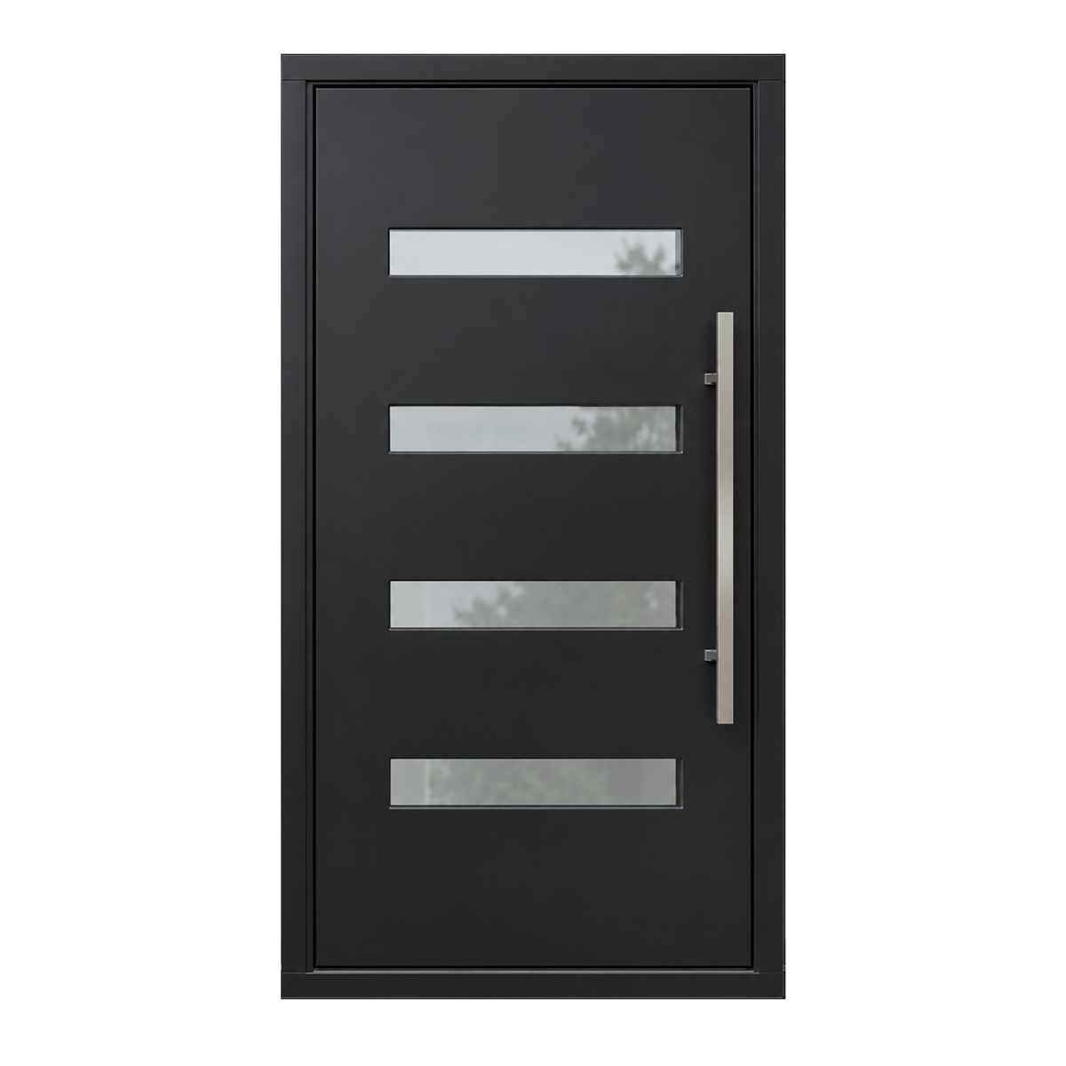 Front view of a matte black pivot door with four stacked horizontal glass openings and long pull handle