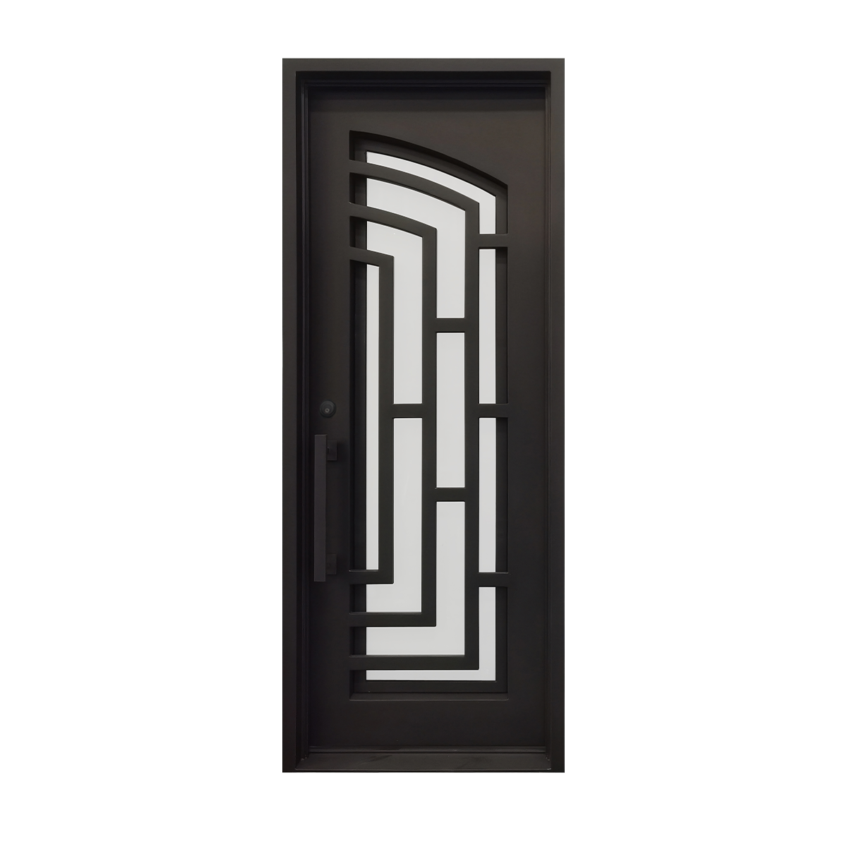 Thermally insulated modern iron entry door with black frame and geometric curved grille design on white background
