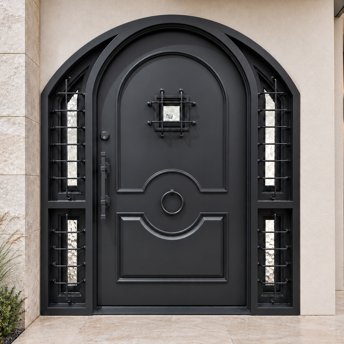 Black arched single traditional iron door with glass sidelights and a circular ring detail at a stone entrance