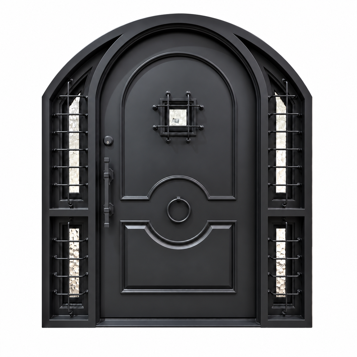 Front product view of an arched black iron door with raised panels and narrow textured-glass sidelights